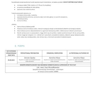 Raport dermatologiczny potwierdzający skuteczność Mudii Purifying Scalp Serum w poprawie kondycji skóry głowy i włosów.