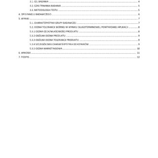 Spis treści raportu dotyczącego badania produktu do włosów i skóry głowy.
