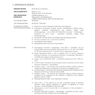 Dokument zawierający informacje o badaniu kosmetyku Mudii Gel Serum Hydrating przeprowadzonym przez Chemicos Group.