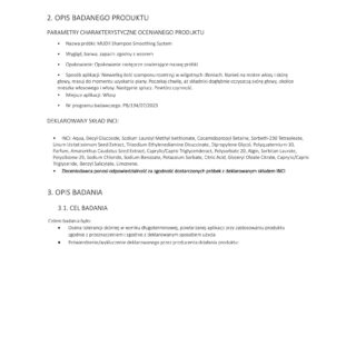 Raport z oceny produktu MUDII Shampoo Smoothing System z opisem składu i celu badania.