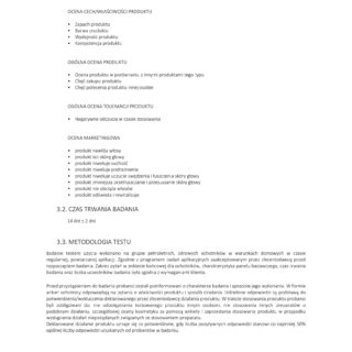 Strona raportu badania produktów do włosów i skóry głowy z oceną właściwości, tolerancji i efektywności.