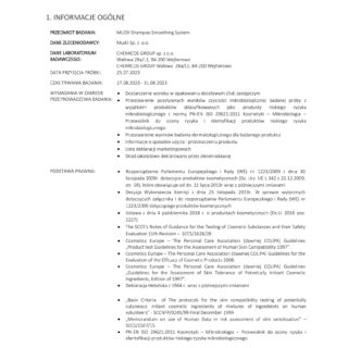 Dokument z informacją o badaniu produktu Mudii Shampoo Smoothing System przez Chemicos Group