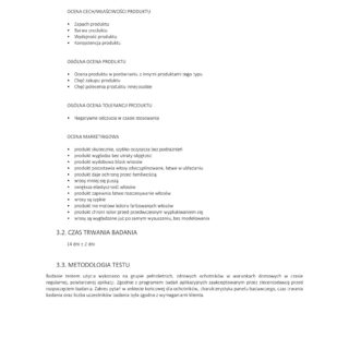 Strona raportu opisująca cechy, ocenę i metodologię testu produktów do włosów i skóry głowy.