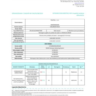 Raport z badań laboratoryjnych szamponu MUDII Hydrating System.