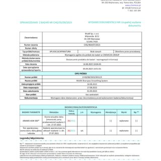 Raport z badań laboratoryjnych dla produktu do pielęgnacji włosów Mudii Shampoo Smoothing System.