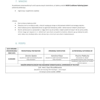 Certyfikat potwierdzający skuteczność produktu MUDII Conditioner Hydrating System w regeneracji i wypełnianiu ubytków.