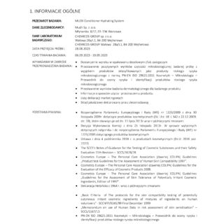 Dokument z danymi i informacjami dotyczącymi badania produktu Mudii do pielęgnacji włosów.