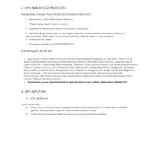 Strona raportu z badania produktu do pielęgnacji włosów Mudii Mask Smoothing System.