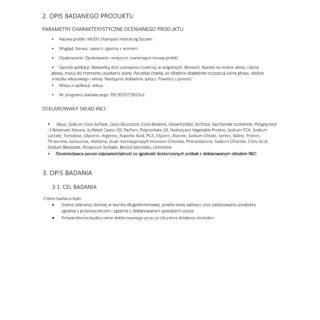Opis i skład szamponu MUDII Shampoo Hydrating System oraz cel badania dermatologicznego.