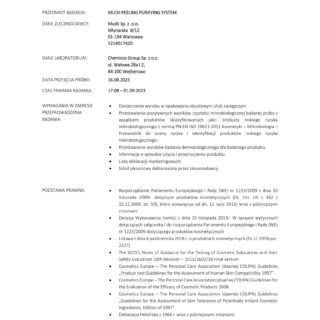 Raport z badań mikrobiologicznych i dermatologicznych produktu Mudii Peeling Purifying System.