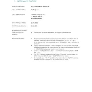 Strona raportu badania serum oczyszczającego skórę głowy Mudii, wykonana przez laboratorium Chemicos Group.