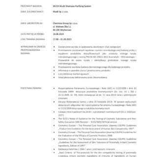Certyfikat badań dermatologicznych i mikrobiologicznych szamponu Mudii.