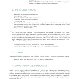 Dokument opisujący badanie szamponu do włosów i skóry głowy przez firmę Chemicos Group.