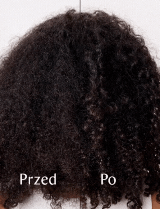 Porównanie włosów przed i po zastosowaniu produktu do pielęgnacji włosów kręconych.