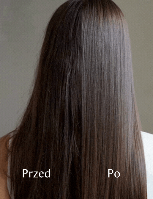 Porównanie włosów przed i po użyciu produktu — widoczna poprawa gładkości i blasku.