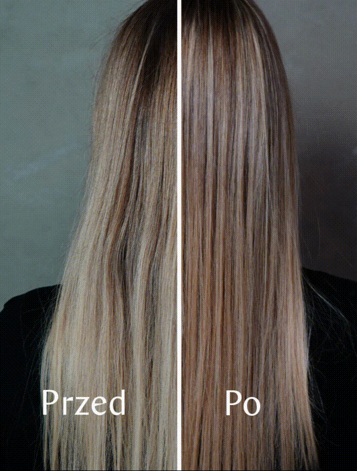 Porównanie stanu włosów przed i po zastosowaniu produktu do pielęgnacji włosów.