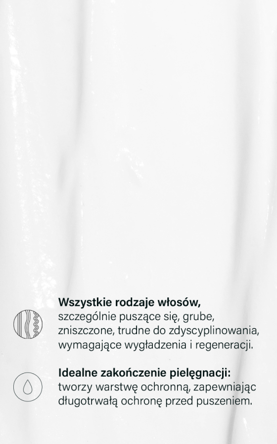 Tekst informacyjny o produkcie do włosów wygładzającym puszące się i zniszczone włosy.